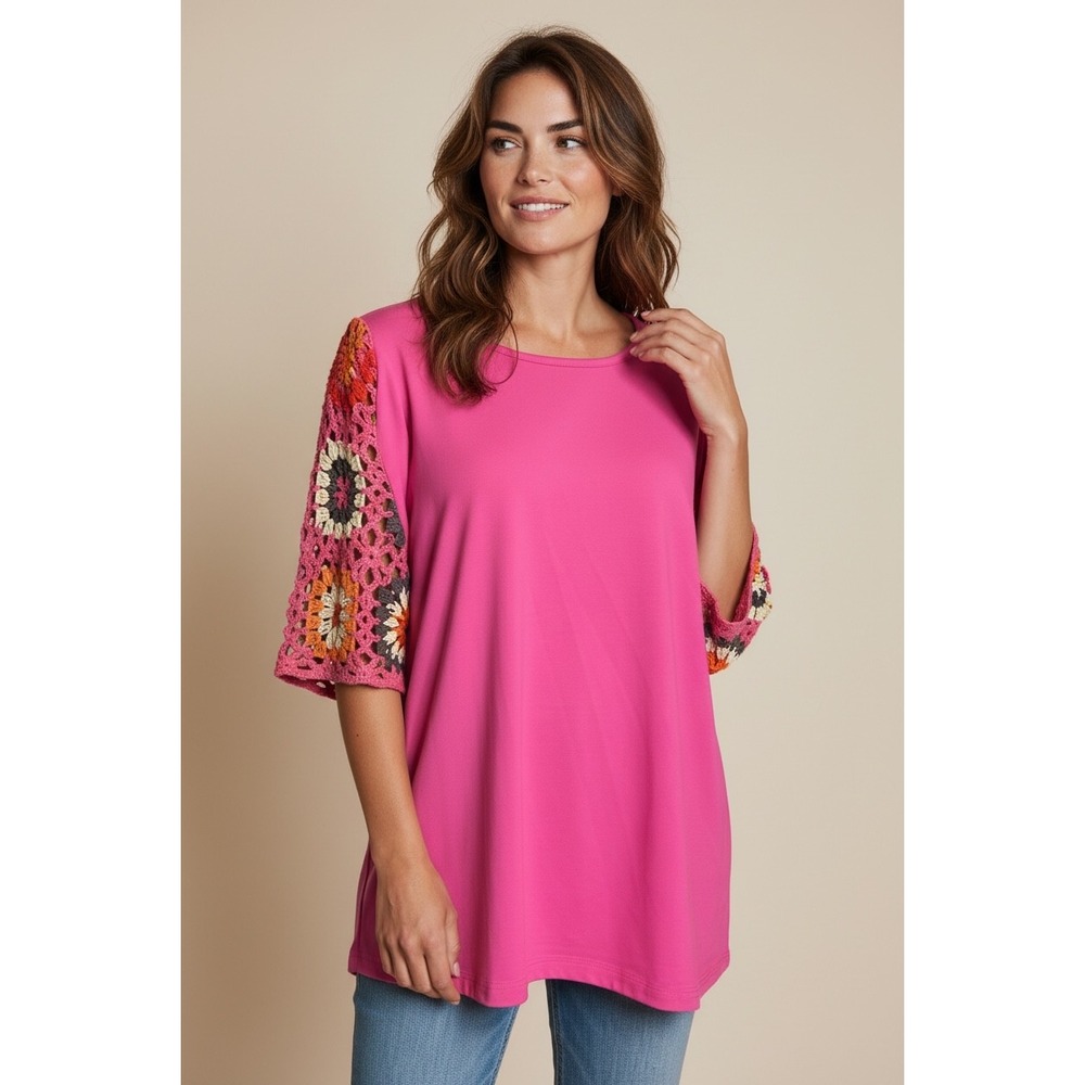 Unbranded Pink Crochet Granny Square Sleeve Top XL Boho Knit Floral Stretch